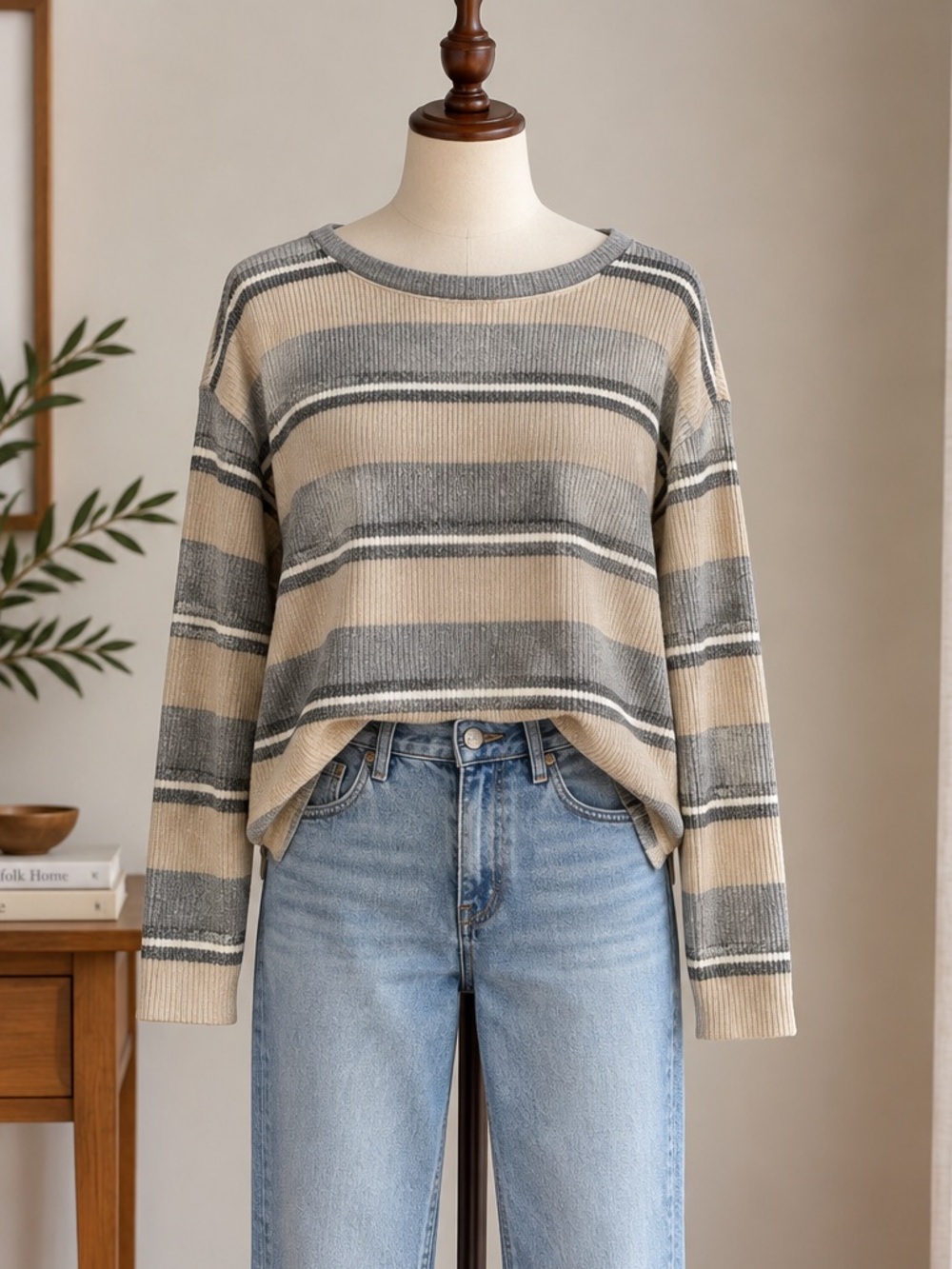 Banana Republic Oversize Striped Ribbed Sweater XS Beige Grey Quiet Luxury
